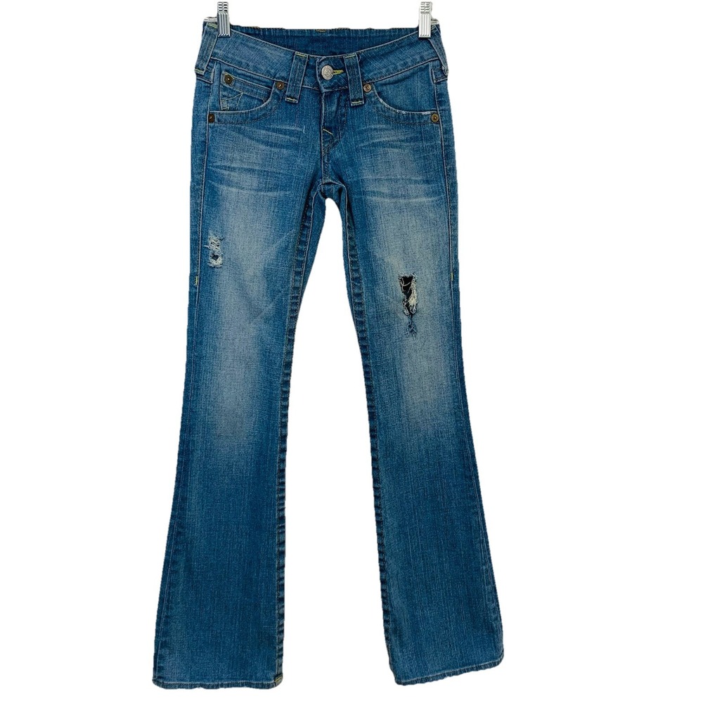 True Religion Y2K Flare Jeans Becky Low Rise  Back Flaps  SZ 25 Made USA  32"